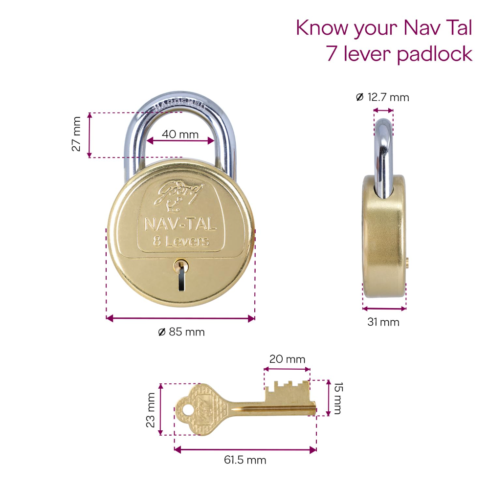 Godrej Padlock | Navtal 8 Lever Brass Padlock 85mm with 3 Keys | Hardened Steel Shackle | Heavy Duty Lock for Main Door, Gates, Shutters, Warehouses, Offices & Industrial Use | 1 Year Warranty